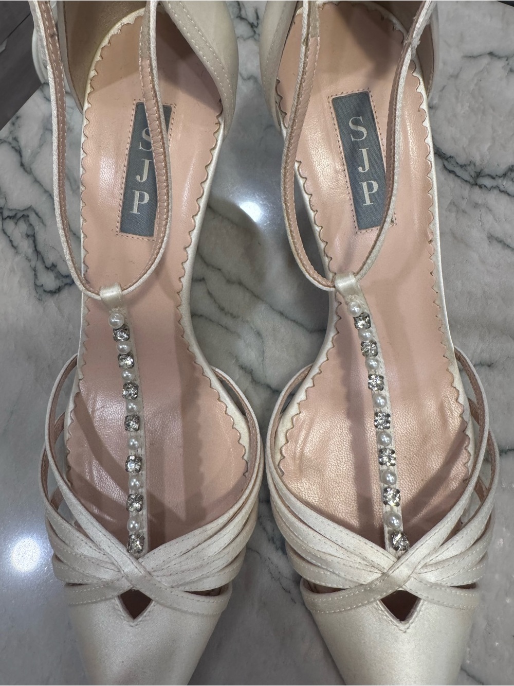 SJP by Sarah Jessica Parker Ivory Rhinestone T-Strap Heels